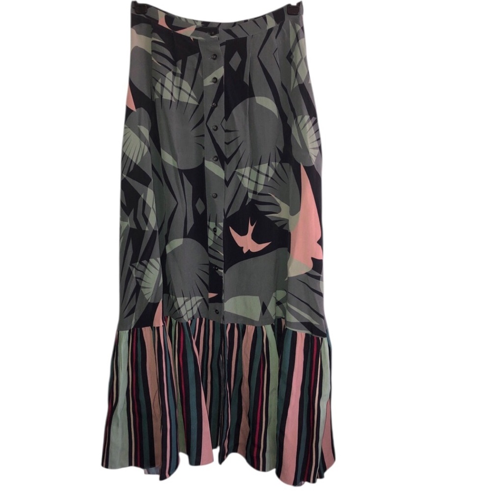 Tallulah & Hope Tropical Midi Skirt Sz S Button Front A Line Tiered Hem Olive